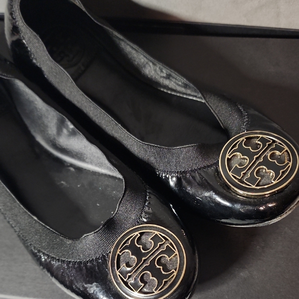 Tory Burch Glossy Black Flats with Gold Accent